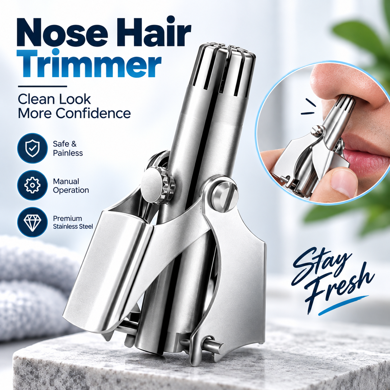 Premium Stainless Steel Manual Nose Hair Trimmer – Painless, Battery-Free, Washable & Portable Ear & Nose Grooming Clipper Tool for Men & Women